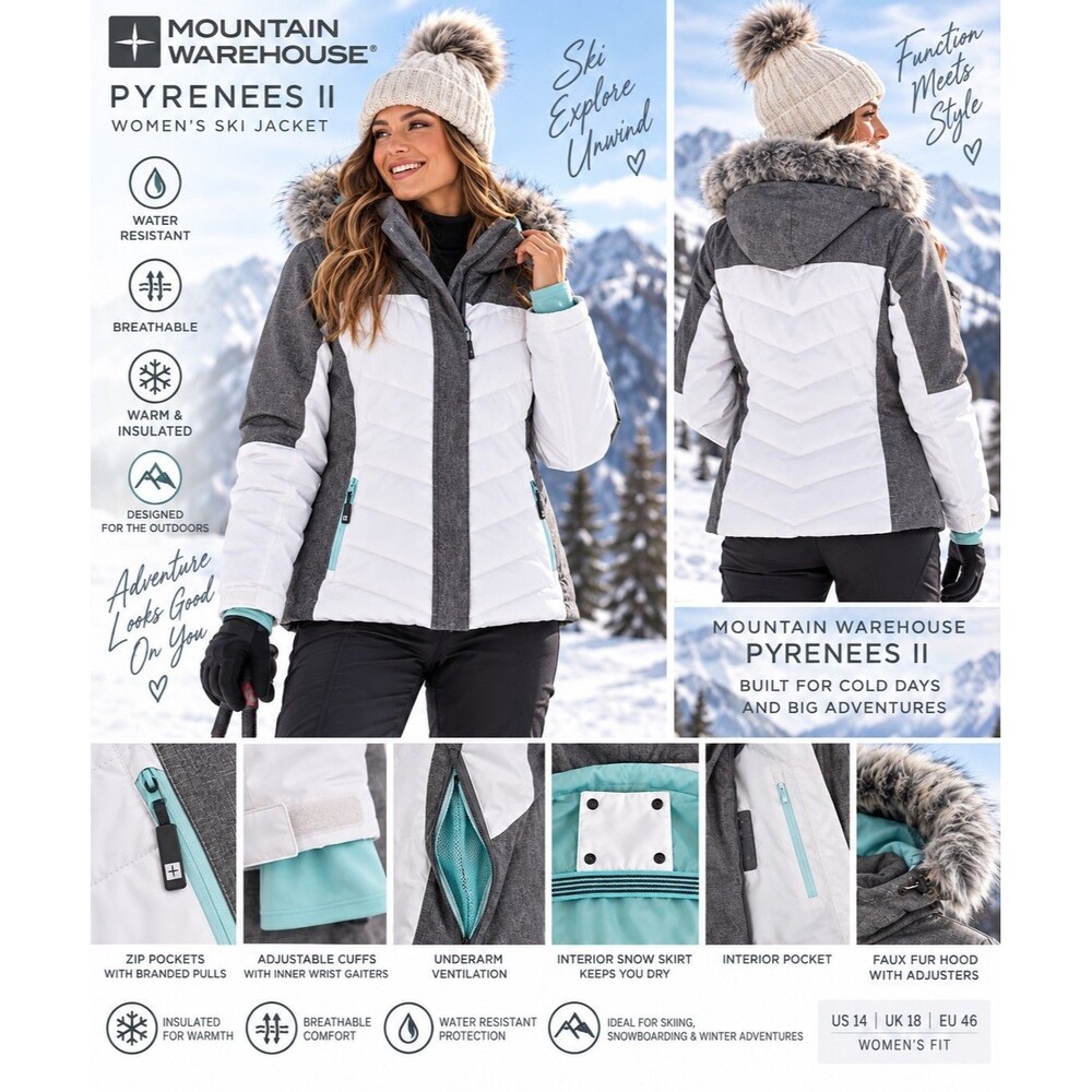 Mountain Warehouse Pyrenees II Ski Snow Jacket Women 14 Gray White Faux Fur Hood